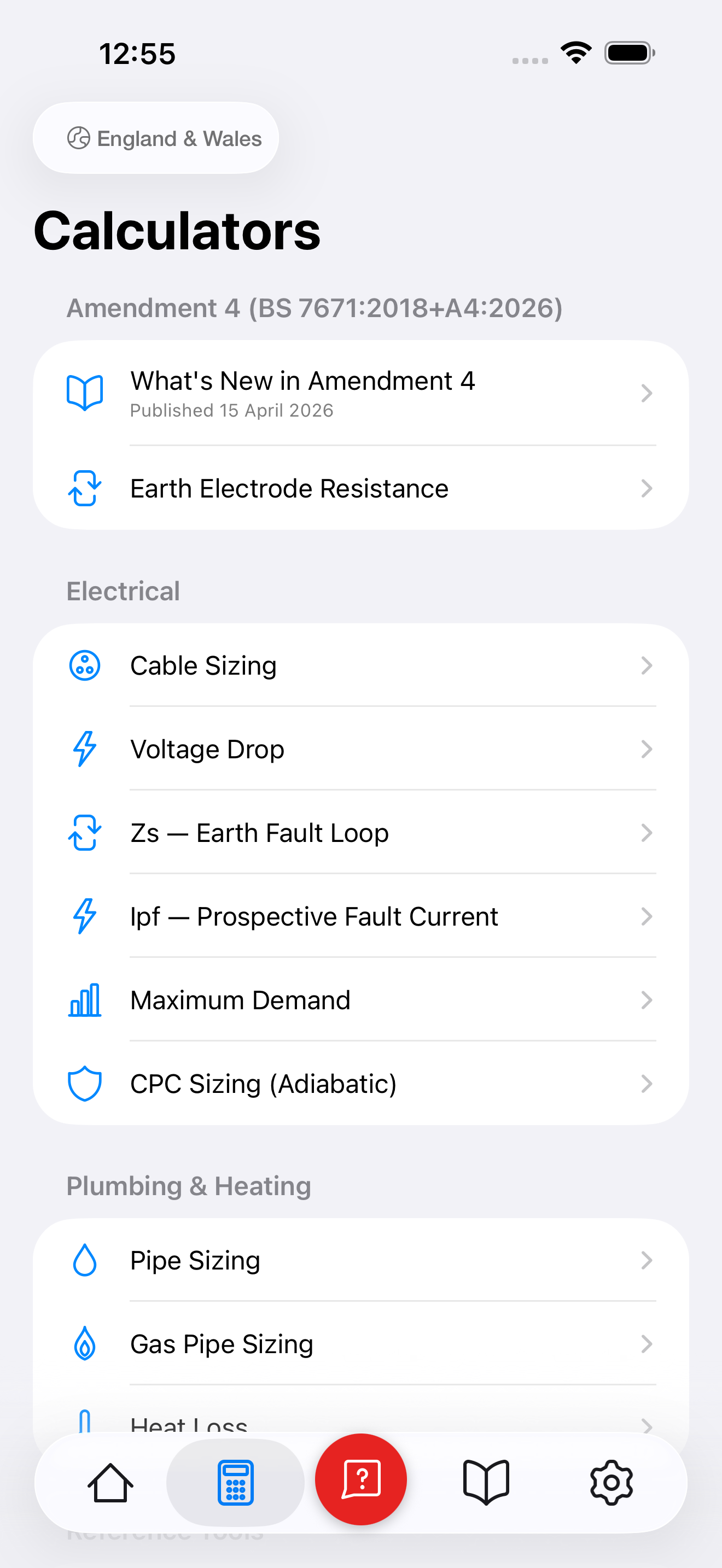 Full list of trade calculators including cable sizing, voltage drop, and Zs