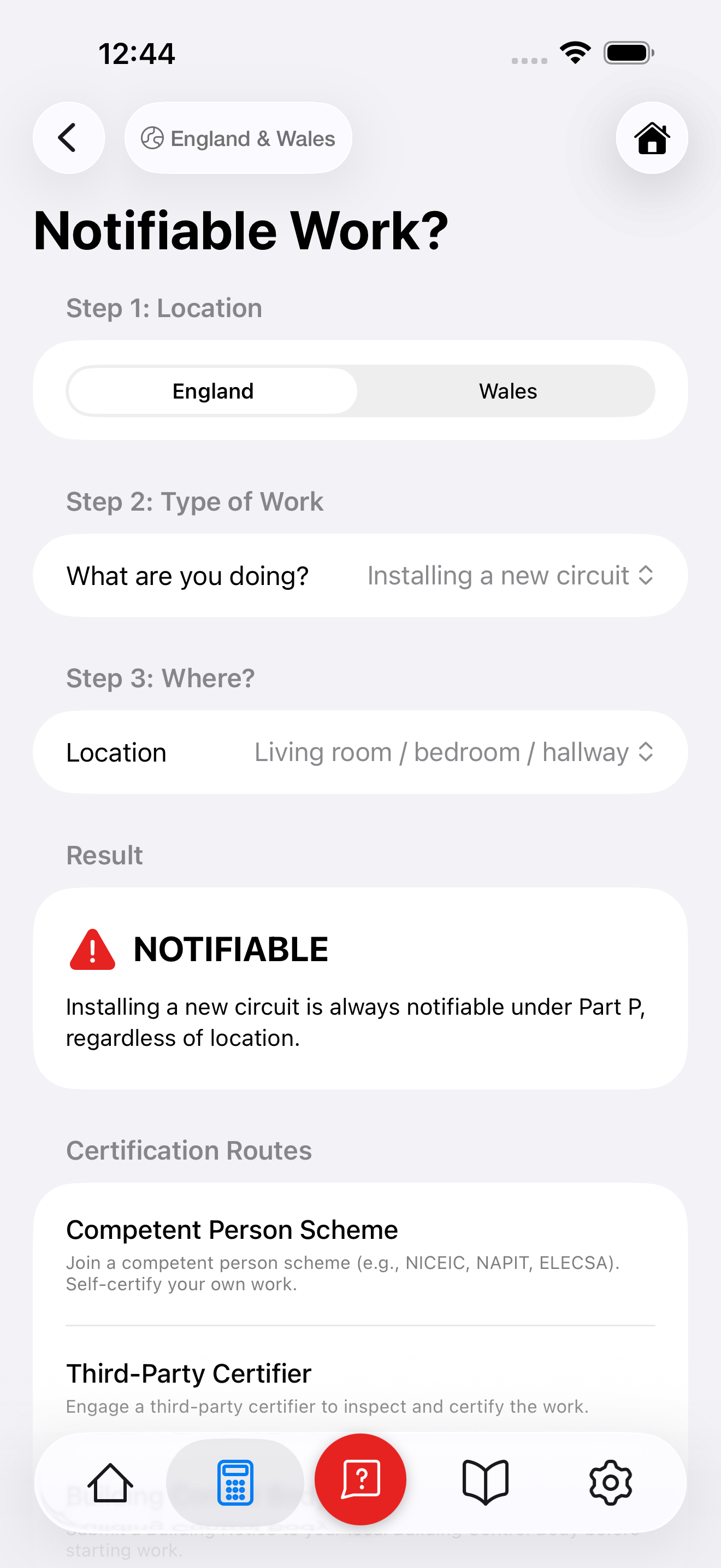 Part P notifiable work checker showing result