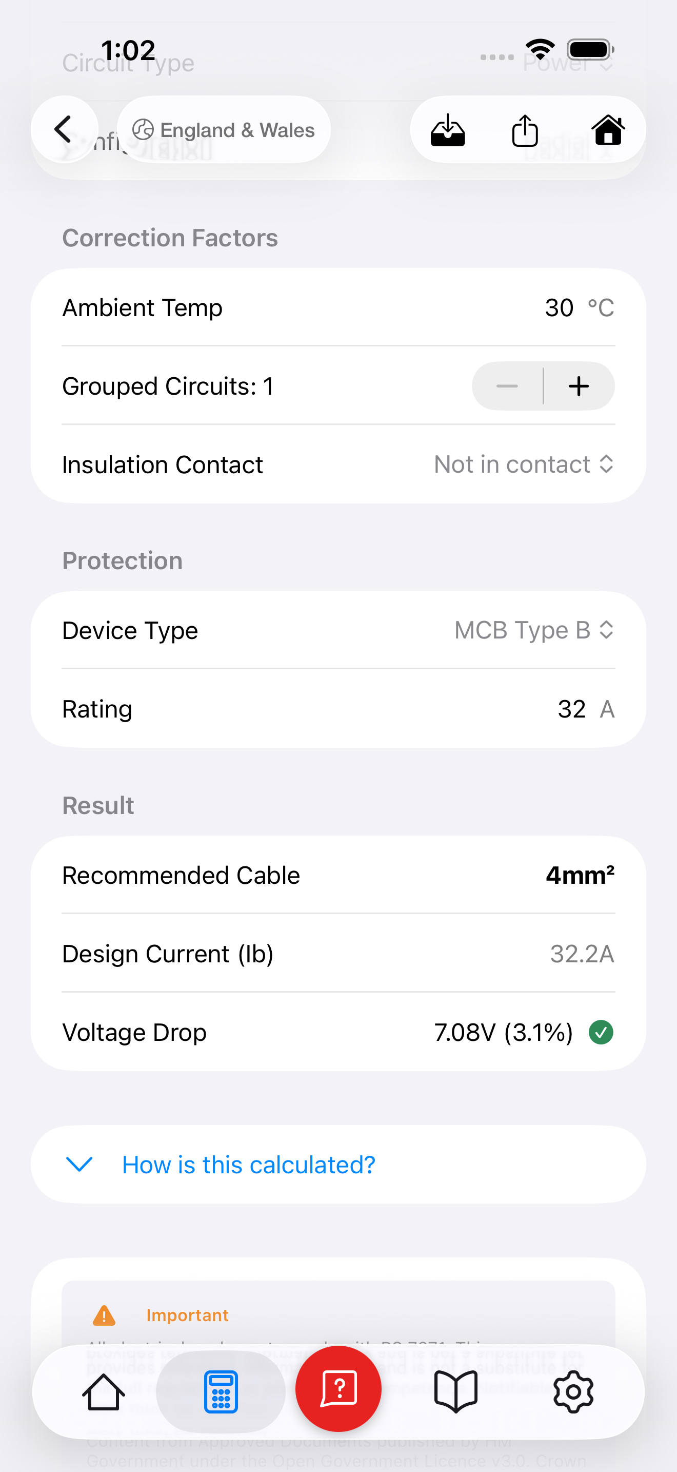 Cable sizing result showing 4mm² recommendation for EV charger with 3.1% voltage drop pass